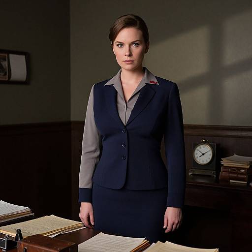 Photograph of a serious, dark-haired woman in a black and gray professional suit standing in a dimly lit office with documents and a clock on the