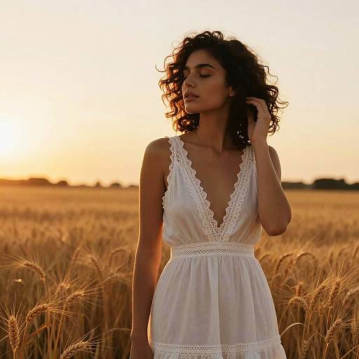 Photograph of a curly-haired woman in a white lace-trimmed dress standing in a golden wheat field at sunset.
