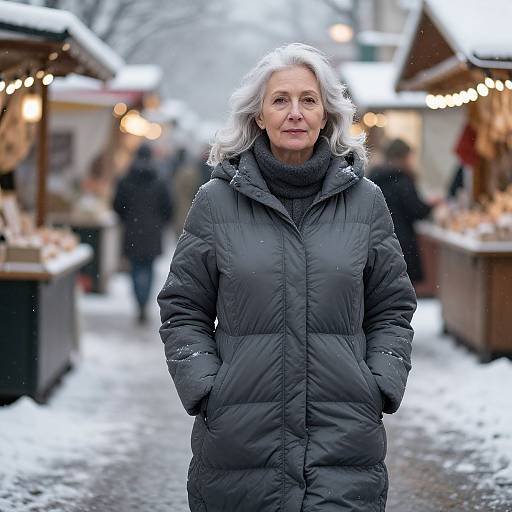 Photograph of an elderly woman with silver hair, wearing a black puffy coat, standing in a snowy outdoor Christmas market. Blurred wooden stalls with
