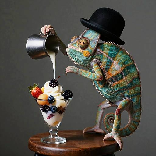 Surreal Chameleon Pouring Milk on Parfait
