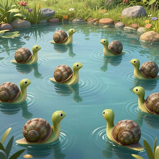 Digital artwork of nine cartoon snails with yellow bodies and brown spiraled shells swimming in a clear, blue pond surrounded by colorful flowers and rocks.