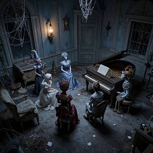 Photograph-style digital art of eerie, dark room with six Victorian dolls in elaborate dresses playing piano, sitting, and standing around, cobwebs, dim