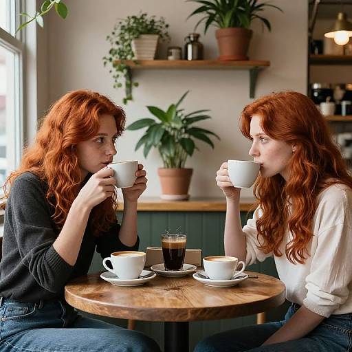 Photograph of two red-haired women with wavy hair, sitting at a wooden table in a cozy café, sipping coffee and tea. Potted