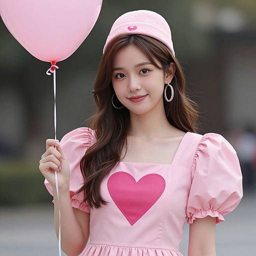 Young Asian woman with long brown hair, pink heart dress, puffy sleeves, holding pink balloon, wearing matching pink cap and hoop earrings. Photographic