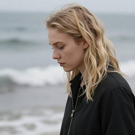 Introspective Blonde Woman by the Ocean