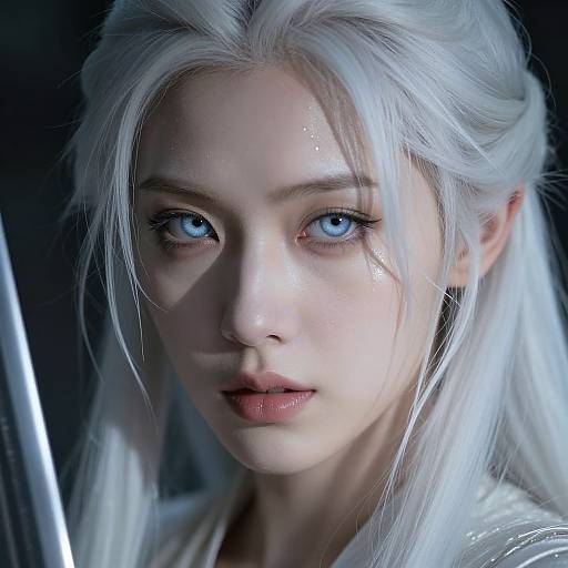 Digital CGI portrait of a pale-skinned, blue-eyed woman with long, white hair and glossy lips, looking intently forward, with a dark,