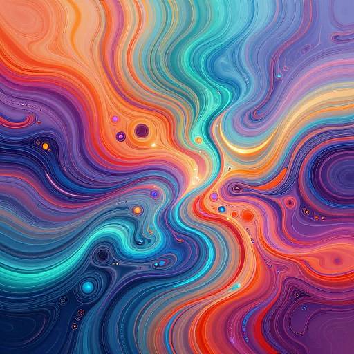 Abstract digital art: vibrant, swirling waves of red, orange, blue, and purple, with small colored orbs, creating a mesmerizing, fluid pattern