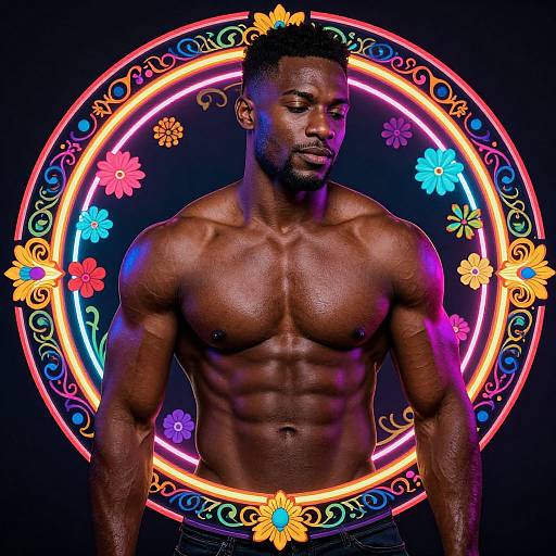 Photograph of a muscular, shirtless Black man with defined abs, dark skin, and short hair, standing in front of a neon circular floral frame