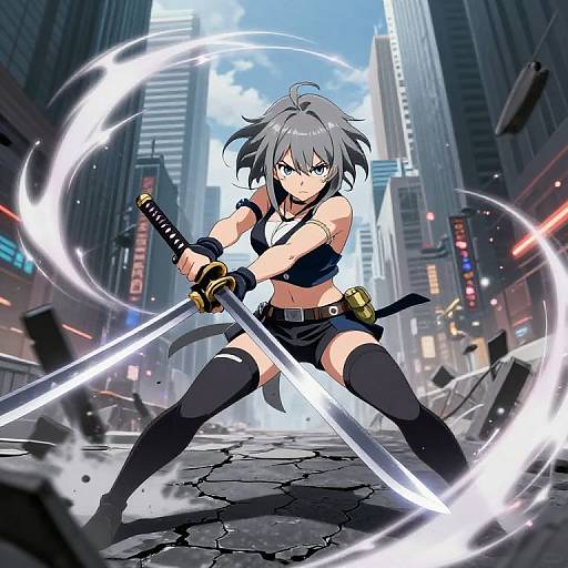 Anime-style digital artwork of a fierce, gray-haired woman with blue eyes, wielding dual glowing swords in a dynamic urban battle scene.