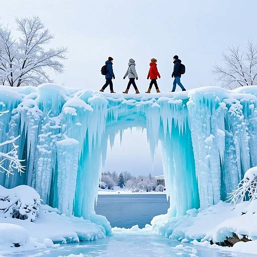 Photograph of five silhouetted people in winter clothes walking across an icy, icicle-covered archway, surrounded by snow-covered trees and a