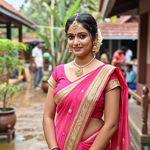 Photograph of a smiling Indian woman in a vibrant pink saree with gold embroidery, traditional jewelry, and a bindi, standing outdoors in a tropical