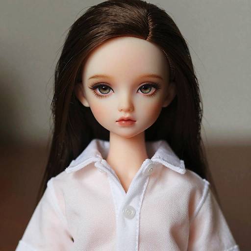 Photograph of a realistic-looking doll with long, straight black hair, blue eyes, and pale skin, wearing a white button-up shirt.