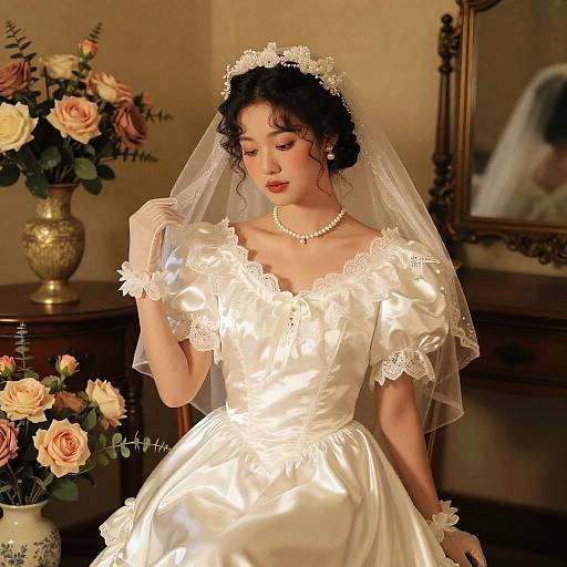 Photograph of a beautiful Asian bride in a white satin wedding dress with lace trim, pearl necklace, and veil, standing in a warmly lit room with