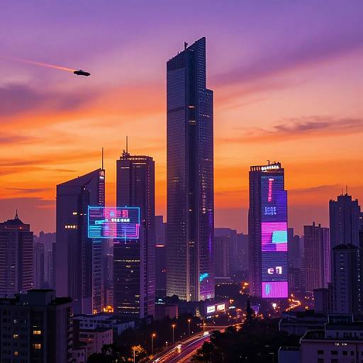 Photograph of a vibrant city skyline at sunset with tall skyscrapers illuminated in neon blue, purple, and orange against a colorful sky; a UFO
