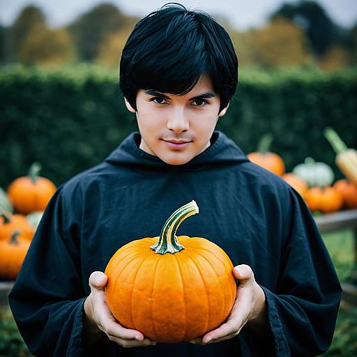 Young Man Holding Pumpkin Outdoors