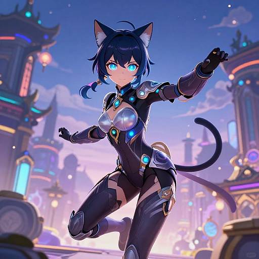 Digital anime-style illustration of a blue-eyed, black-haired catgirl with black cat ears and tail, wearing a futuristic black bodysuit with glowing blue