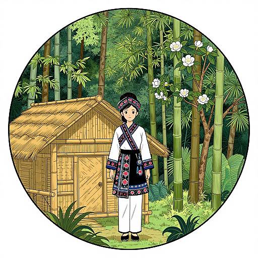 Digital illustration of a young Asian woman in traditional white and black floral kimono, standing in front of a bamboo hut in a lush green bamboo forest.