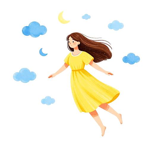 Digital illustration of a brown-haired girl in a flowing yellow dress floating amidst blue clouds and a crescent moon.