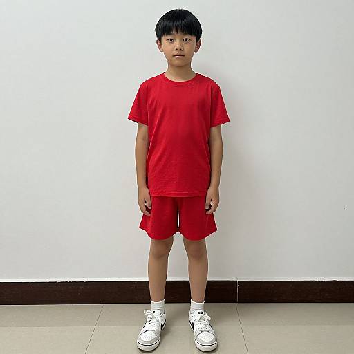 Photograph of a young Asian boy with short black hair, wearing a red t-shirt, red shorts, and white sneakers, standing against a plain white