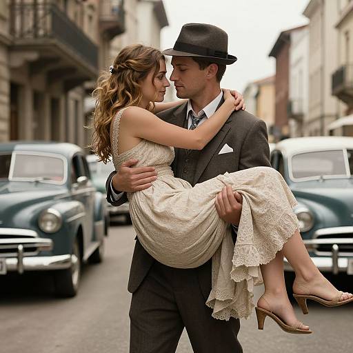 Photograph of a romantic street scene: man in brown suit and black hat, holding a woman in a lace white dress, vintage cars in background.