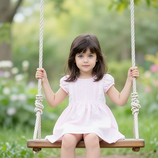 Photograph of a young girl with blue eyes and black hair, wearing a white dress, sitting on a wooden swing with white ropes, in a green