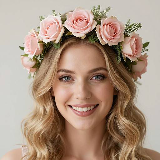 Photograph of a smiling blonde woman with wavy hair, wearing a pastel pink flower crown, against a plain white background.