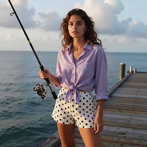 Photograph of a curly-haired woman with light brown skin, wearing a tied lavender shirt and white polka dot shorts, holding a fishing rod on a