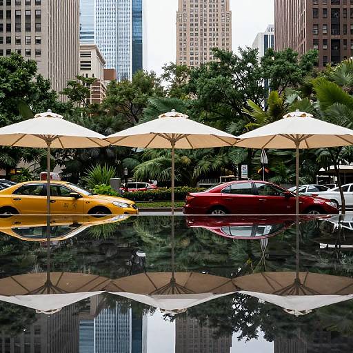 Photograph of a cityscape with yellow and red sports cars parked under white umbrellas, reflected in a glossy water surface, surrounded by tall buildings and