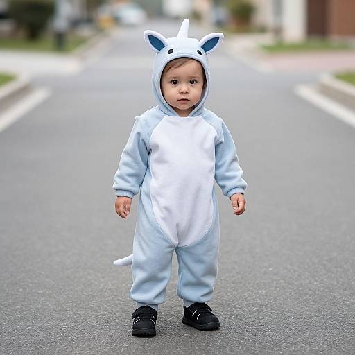 Photograph of a toddler in a white unicorn onesie, standing on an empty suburban street, with blurred background and black shoes.