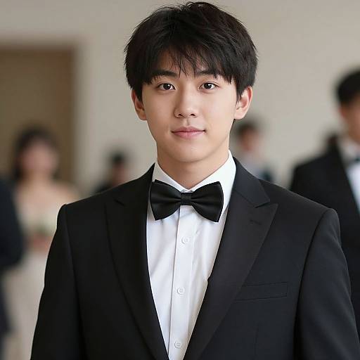 Photograph of a young Asian man with black hair, wearing a black tuxedo with a white shirt and black bow tie, standing in a blurred