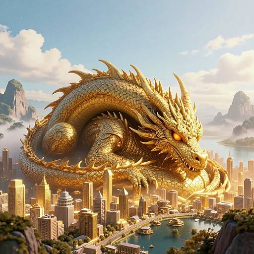 Digital artwork of a massive, golden dragon with glowing red eyes, coiled over a bustling cityscape with mountains and a harbor in the background.