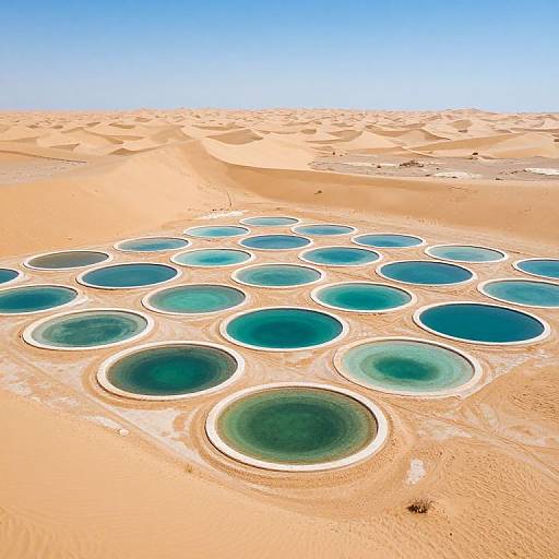 Photograph of a desert landscape with numerous circular, turquoise-colored water basins embedded in golden sand dunes under a clear blue sky.