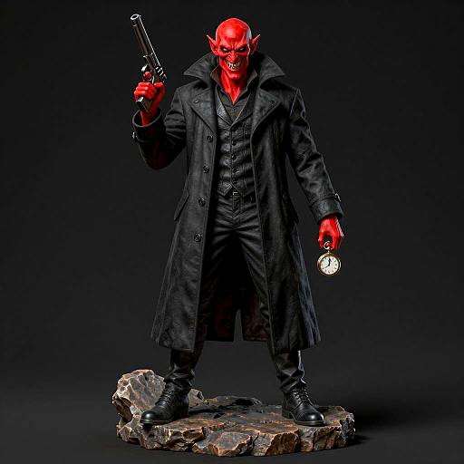 Red Demon in Black Overcoat Holding Gun and Pocket Watch