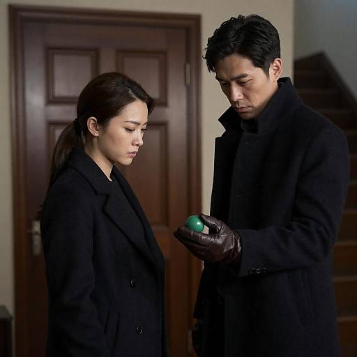 Serious Man and Woman Examining Green Object Indoors