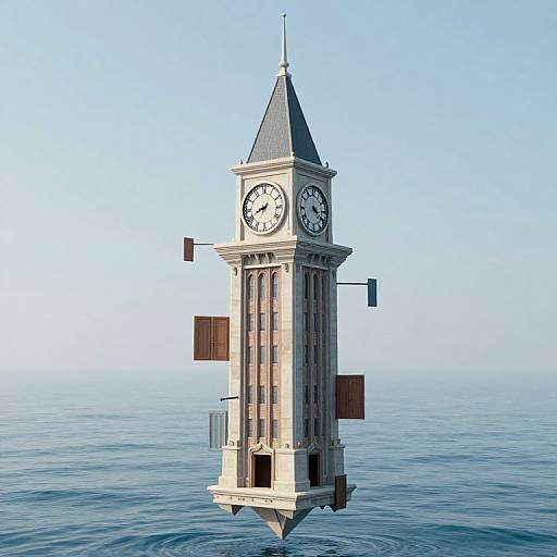 Floating clock tower with a blue sky and ocean background, featuring four floating traffic lights and a modern design.