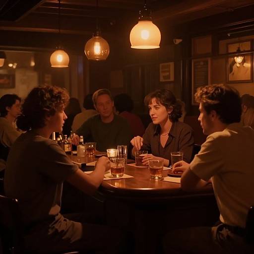 Photograph of a dimly-lit, cozy bar with warm, amber lighting. A group of four people, two men and two women, sit