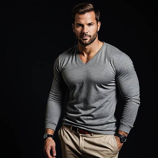 Muscular man in grey V-neck shirt