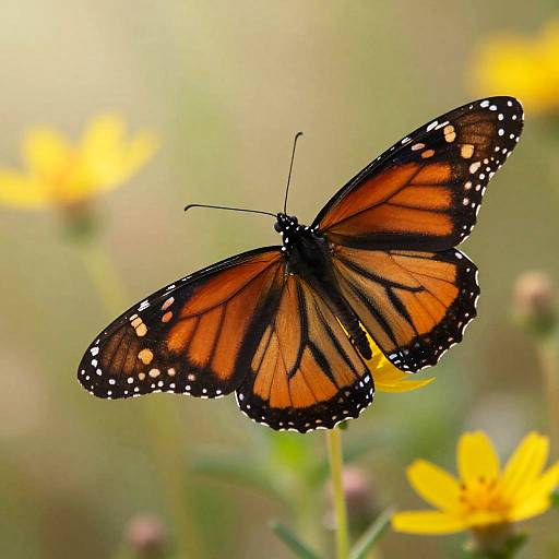 Close-up photograph of a vibrant orange and black swallowtail butterfly with white spots, perched on a yellow flower, against a soft-focus green and yellow
