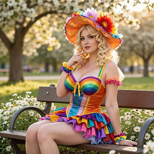 Photograph of a blonde woman in a colorful rainbow dress and hat, sitting on a park bench with blooming trees in the background. Vibrant,
