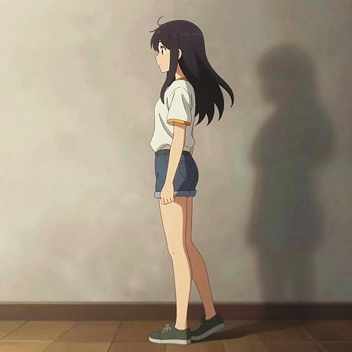 Anime-style digital drawing of a girl with long black hair, wearing a white shirt, blue shorts, and black shoes, standing in profile against a gray