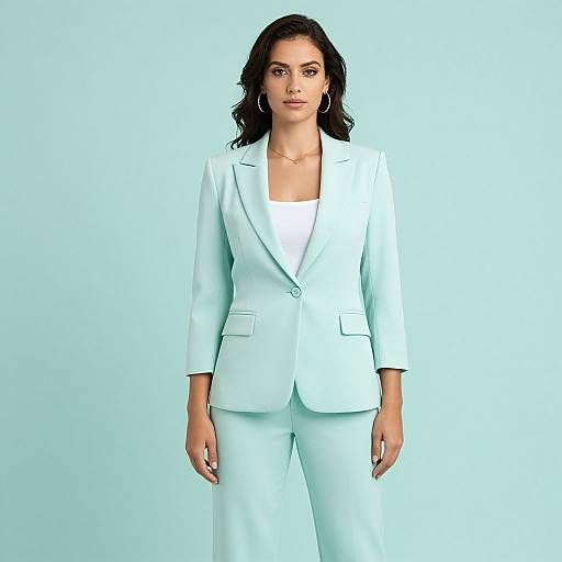 Photograph of a confident woman with wavy dark hair, wearing a light blue tailored suit, white blouse, and gold earrings, standing against a plain