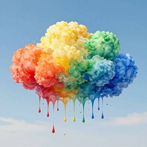Digital artwork of a colorful cloud of rainbow ink droplets, with vibrant red, orange, yellow, green, blue, and purple hues, dripping against