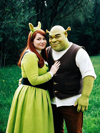 Couple in Shrek and Fiona Cosplay Costumes
