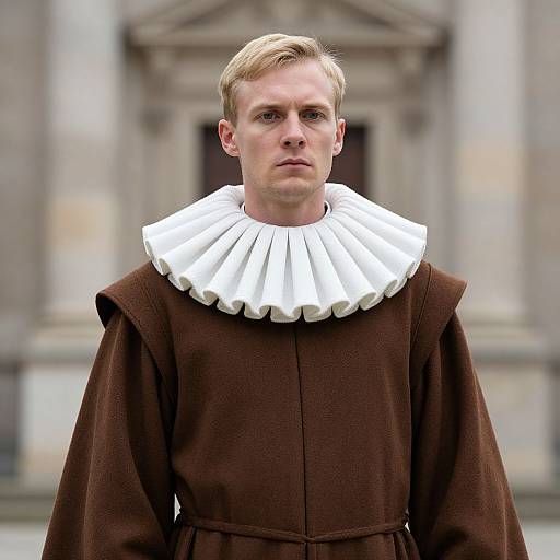 Photograph of a young, blond-haired man with fair skin wearing a brown, Renaissance-style tunic and a large, white, pleated ruff