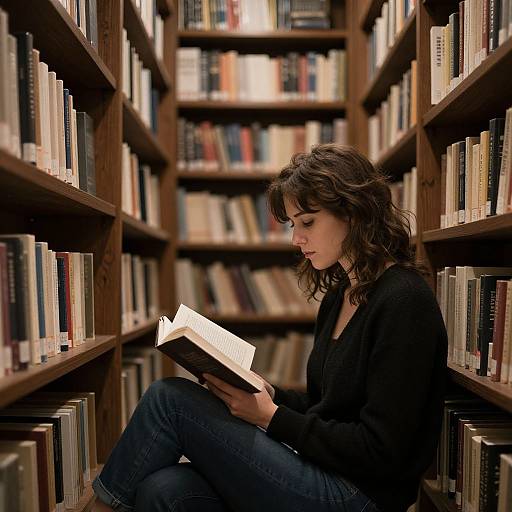 Photograph of a young woman with wavy brown hair, wearing a black cardigan and blue jeans, sitting between wooden bookshelves, intently