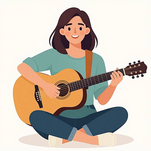 Illustration of a smiling woman with long brown hair, wearing a teal shirt and dark pants, sitting cross-legged and playing an acoustic guitar.