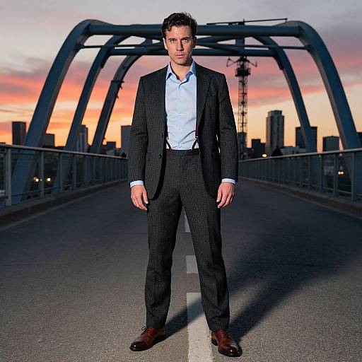 Photograph of a serious, attractive man in a black pinstripe suit, white shirt, and brown shoes, standing on a bridge at sunset with
