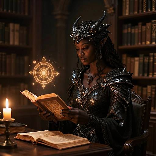 Dark-skinned, horned sorceress in metallic armor reads glowing book, surrounded by magical symbols, candlelight, and bookshelves in dim