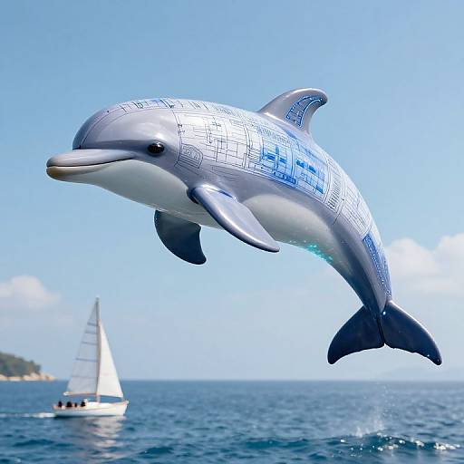 Photograph of a digitally-altered dolphin with blue patterned skin, leaping above the ocean, beside a white sailboat on clear blue water.