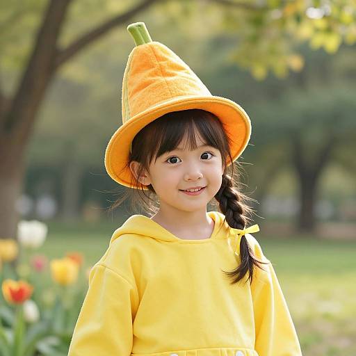 Photograph of a young Asian girl with black hair in a braid, wearing a bright orange carrot hat and matching hoodie, smiling in a sunny park